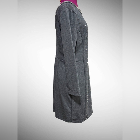 Beige by ECI Studded Gray Knit Sheath Dress Size 14 Long Sleeve NWT - Picture 4 of 12